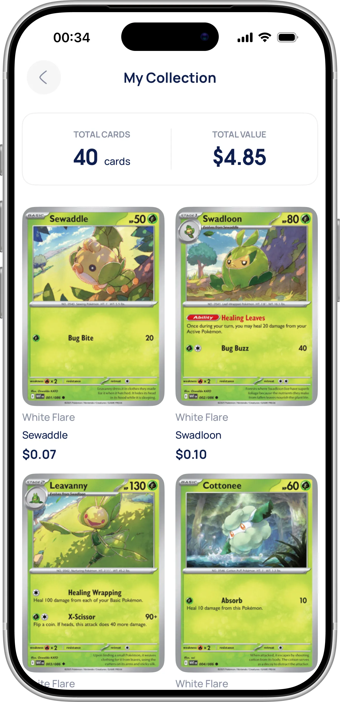 EvoScan app showing a user’s organized Pokémon TCG card collection
